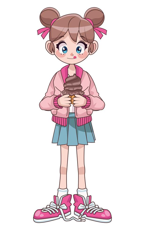 bella ragazza adolescente con personaggio anime cupcake vettore