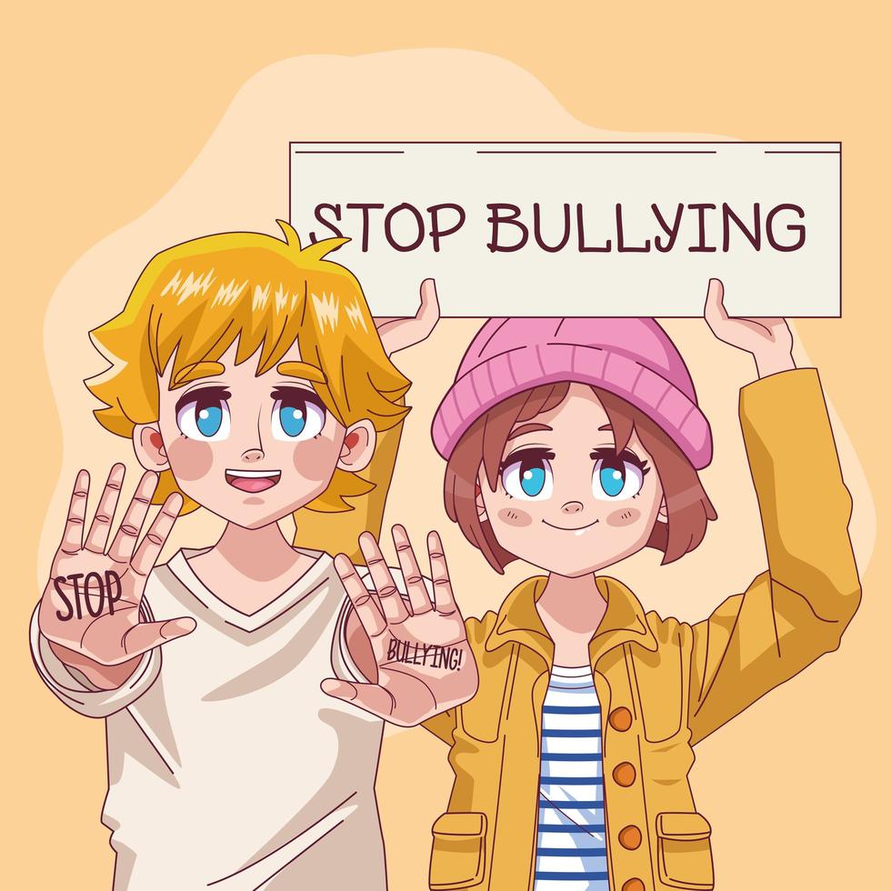 giovani adolescenti coppia con stop bullismo scritte nel banner vettore