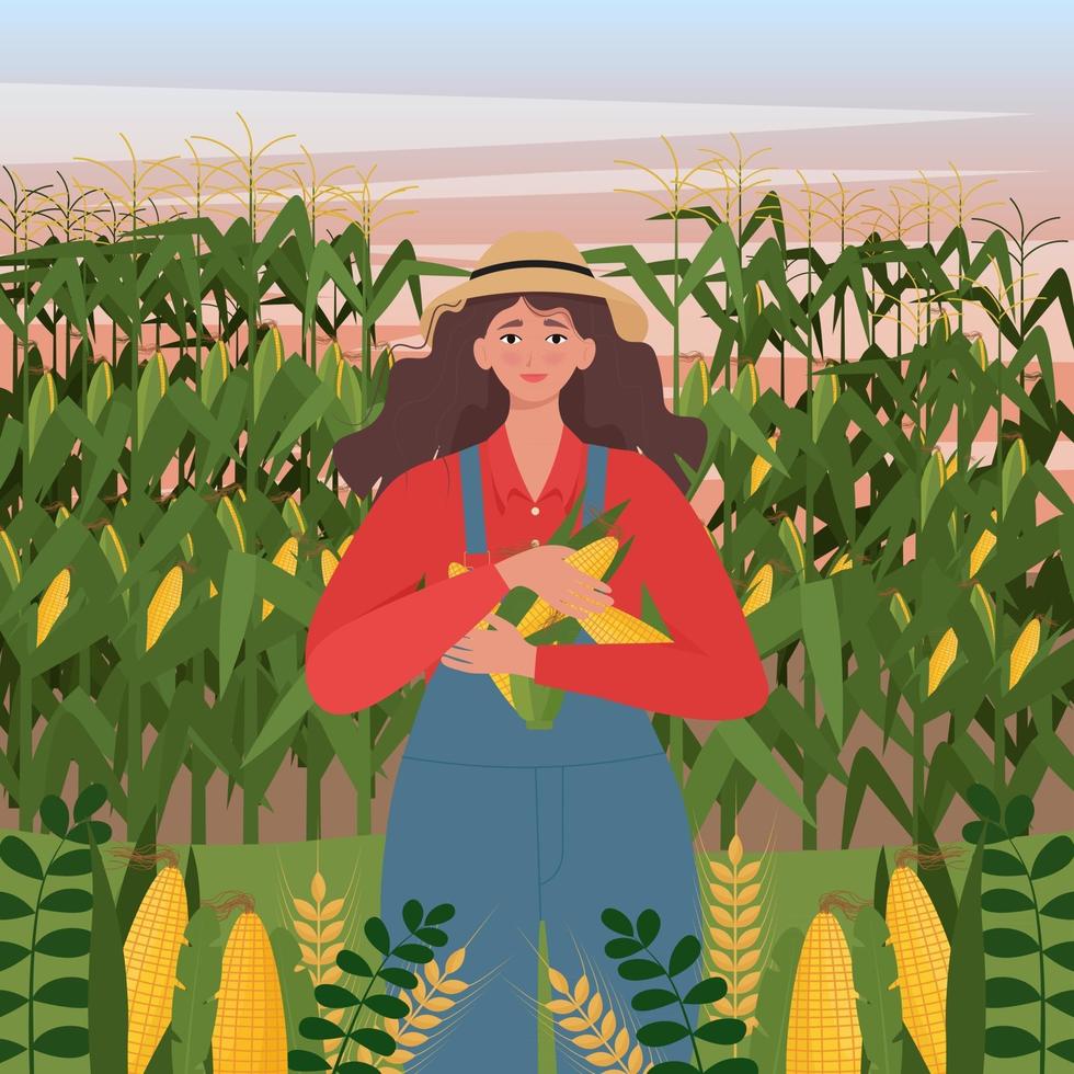 donna contadina su sfondo campo di mais vettore