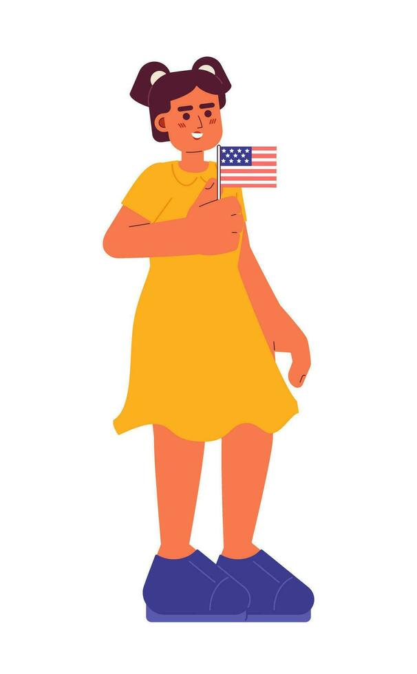 giovane ispanico ragazza Tenere americano bandiera semi piatto colorato vettore carattere. patriottico 4 ° di luglio ragazzo. modificabile pieno corpo persona su bianca. semplice cartone animato individuare illustrazione per ragnatela grafico design