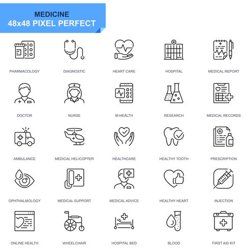 Set semplice Icone di linee mediche e mediche per applicazioni Web e mobili vettore