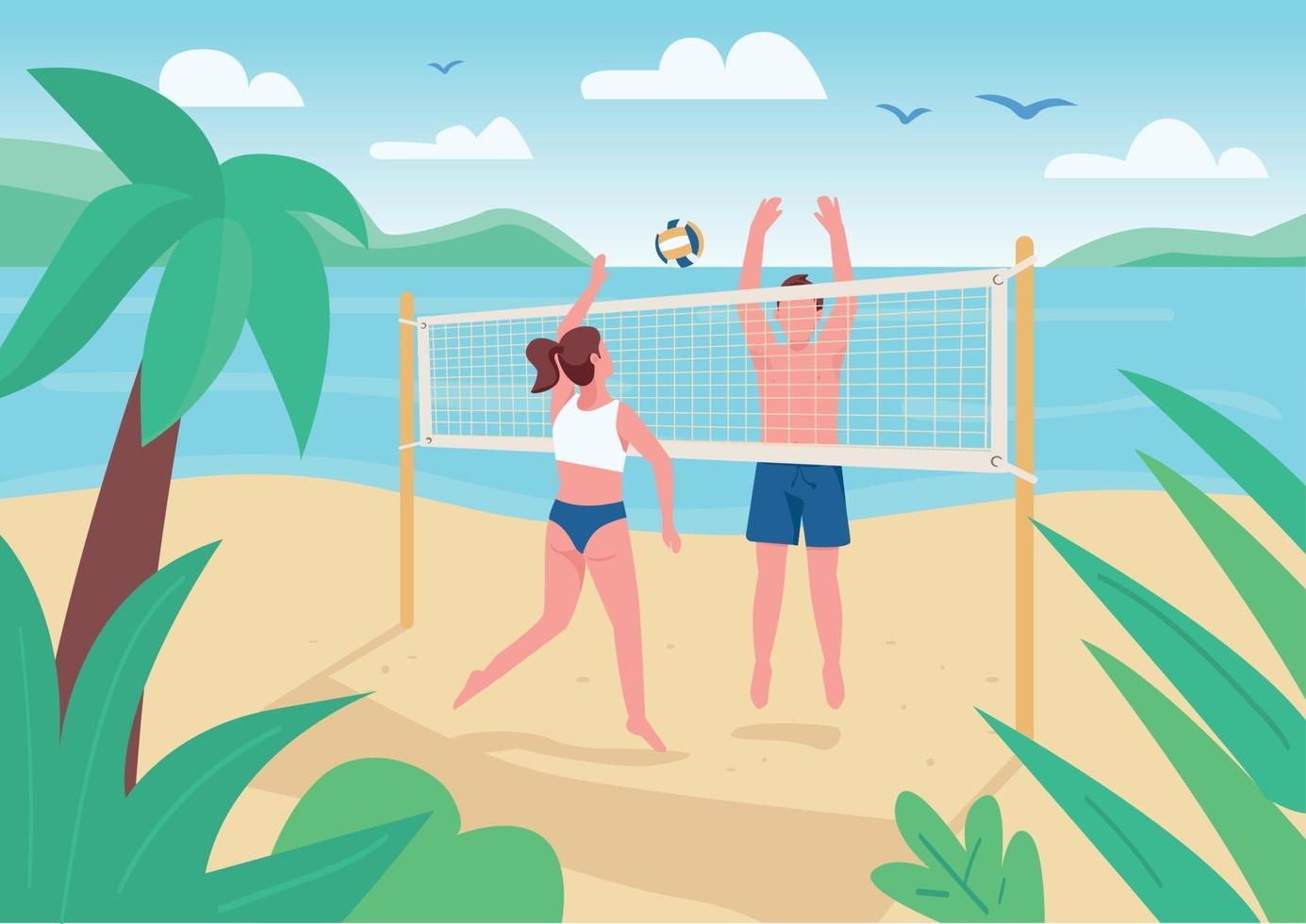 uomo e donna che giocano a beach volley illustrazione di vettore di colore piatto