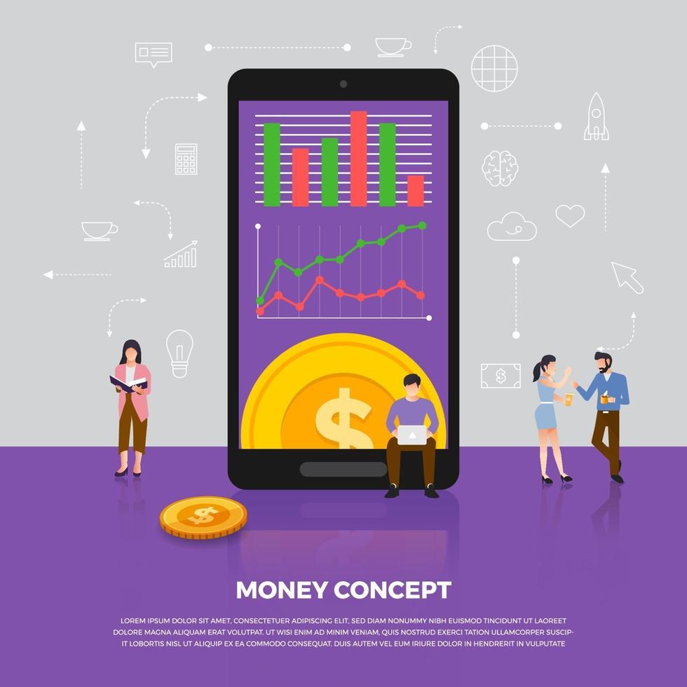 affari di denaro di concetto di design piatto. gruppo persone sviluppo icona moneta denaro. vettore illustrano