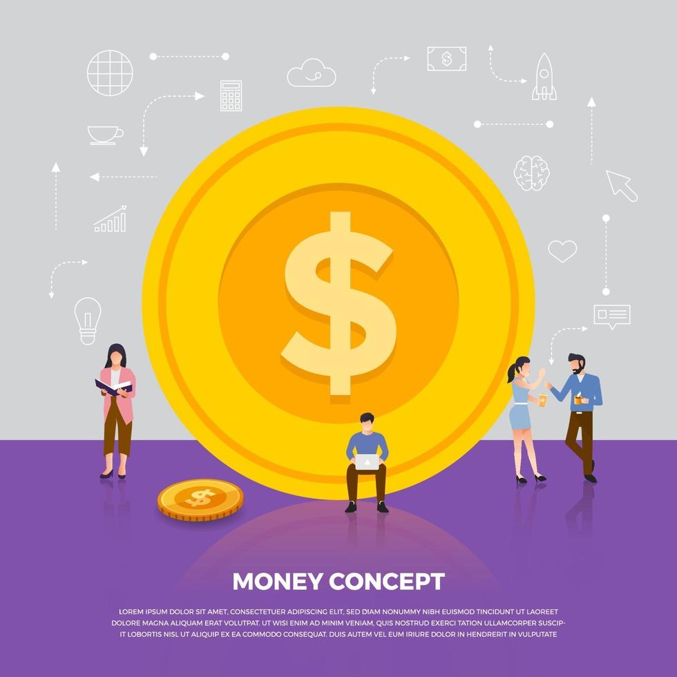 affari di denaro di concetto di design piatto. gruppo persone sviluppo icona moneta denaro. vettore illustrano