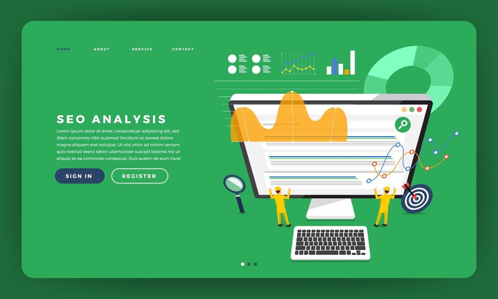 mock-up design website flat design concept seo analysis with graph and chart on team developer building a rank website on desktop. illustrazione vettoriale. vettore