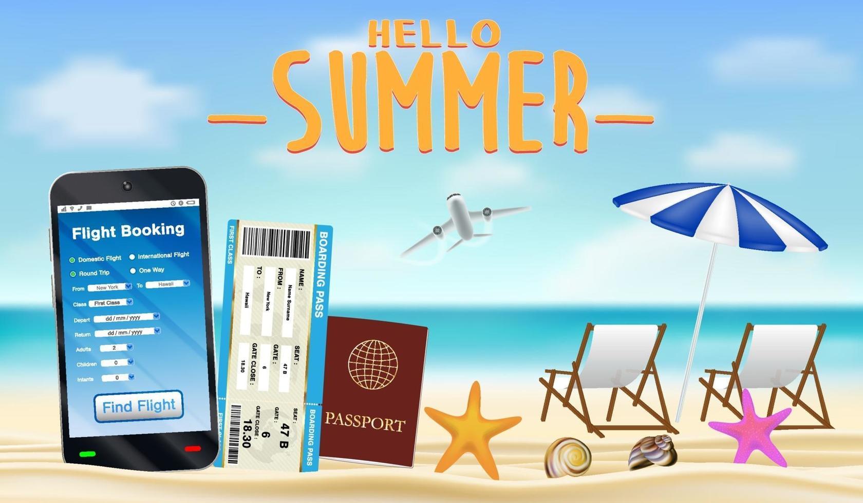 smartphone con app di prenotazione voli online sulla spiaggia vettore