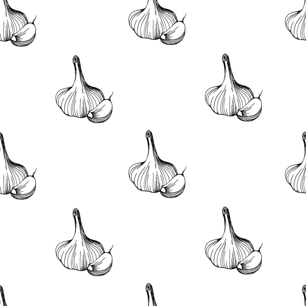 seamless pattern di aglio su uno sfondo bianco. illustrazione vettoriale disegnato a mano. un semplice motivo di aglio