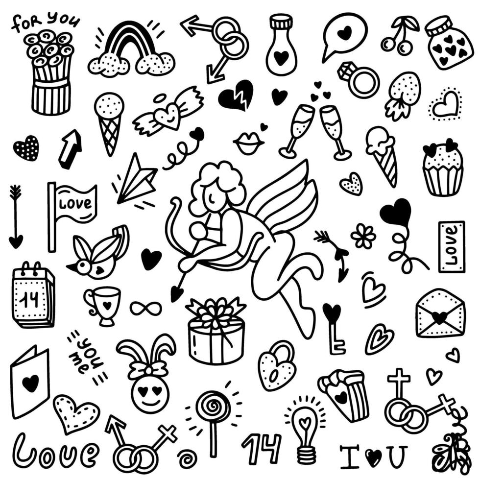 una serie di scarabocchi per San Valentino. illustrazione vettoriale in stile doodle. design per San Valentino, matrimonio, biglietti di auguri