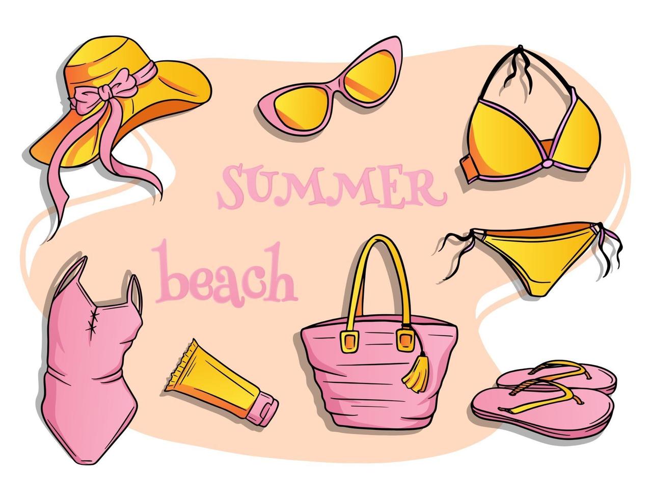 elementi essenziali per la spiaggia estiva da donna in stile cartone animato vettore