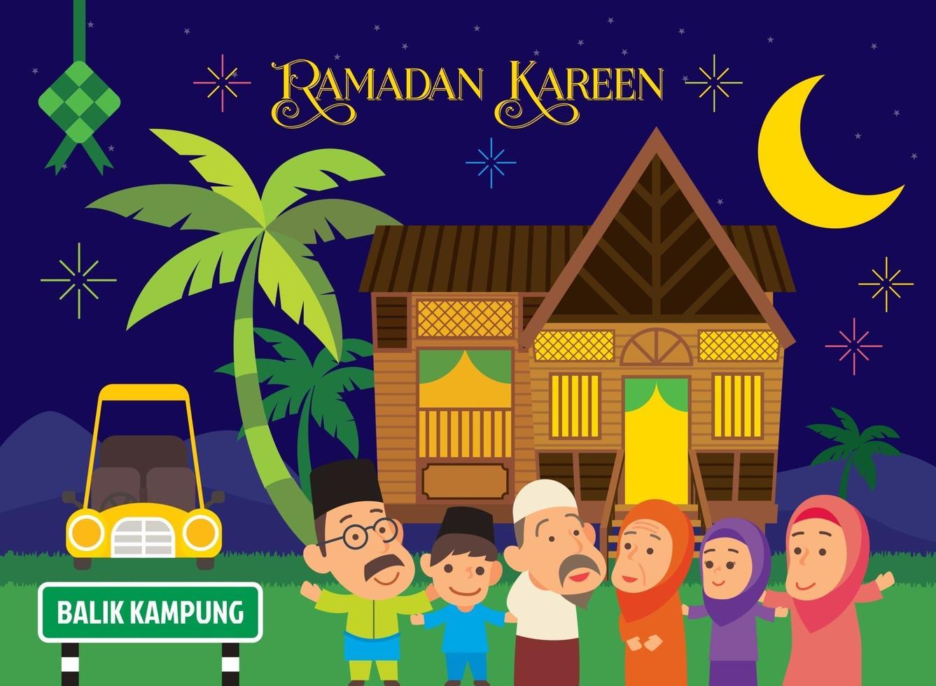 felice famiglia musulmana che celebra hari raya aidilfitri nel villaggio dopo il ramadan kareem vettore