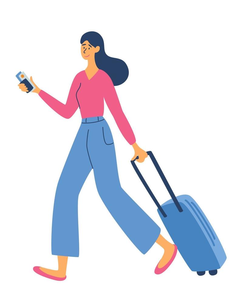 giovane donna con una borsa da viaggio tempo per viaggiare ricreazione e turismo viaggio argomenti d'affari viaggio d'affari web template intestazione viaggio concetto illustrazione piatta vettoriale