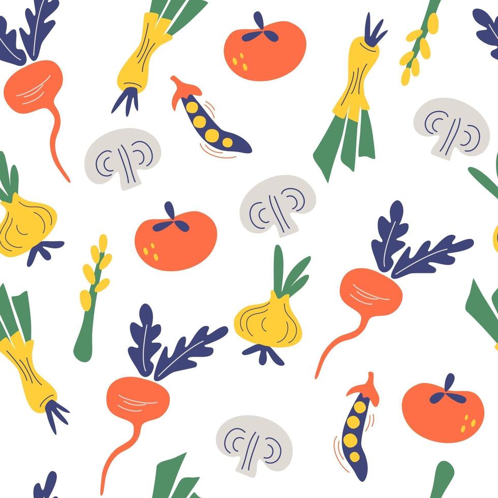 seamless pattern con verdure cipolla pomodoro ravanello funghi fagiolini piselli vegetariano cibo sano struttura vettoriale vegan fattoria organico detox fattoria naturale vettore mano disegnare sfondo