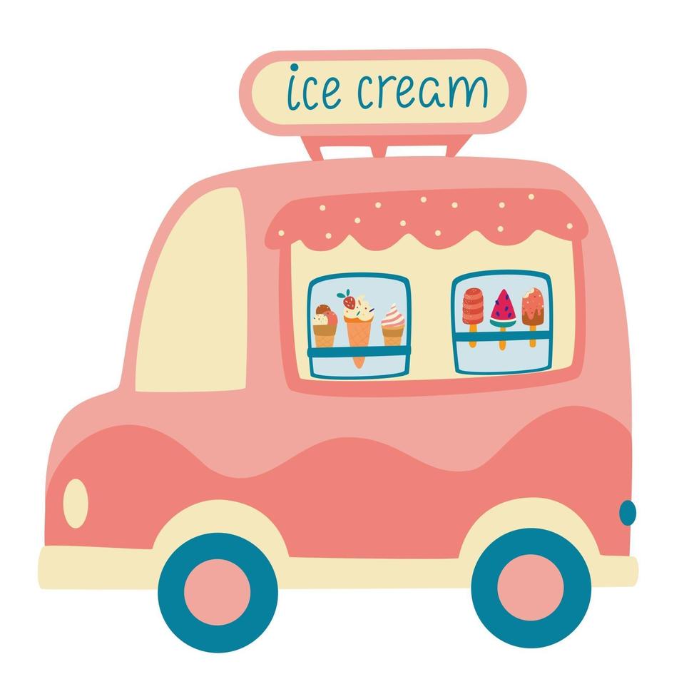 cartone animato camion dei gelati cibo di strada roulotte rimorchio illustrazione vettoriale colorato stile carino isolato su sfondo bianco