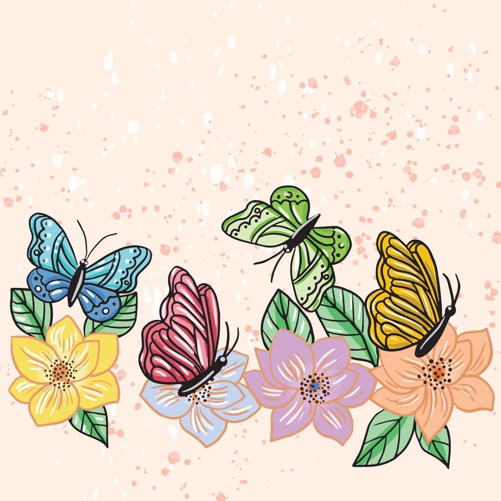 illustrazione vettoriale di una farfalla volare su un campo tra i fiori su fondo beige