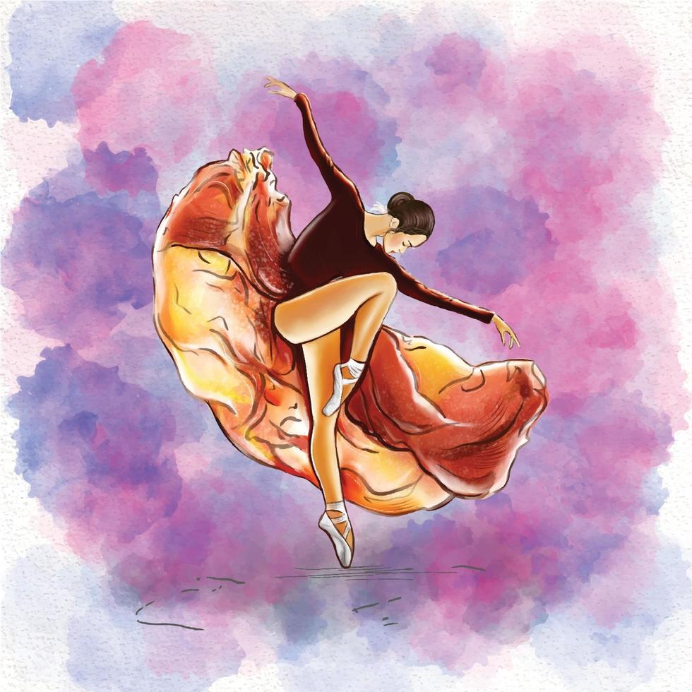 illustrazione vettoriale di un ritratto di una ragazza ballerina in un abito arancione in movimento in stile acquerello