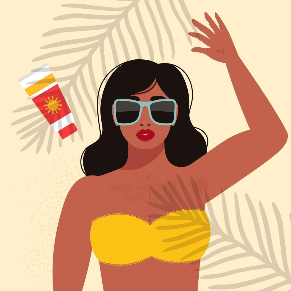 illustrazione vettoriale in stile retrò del ritratto di bella donna in bikini e occhiali da sole