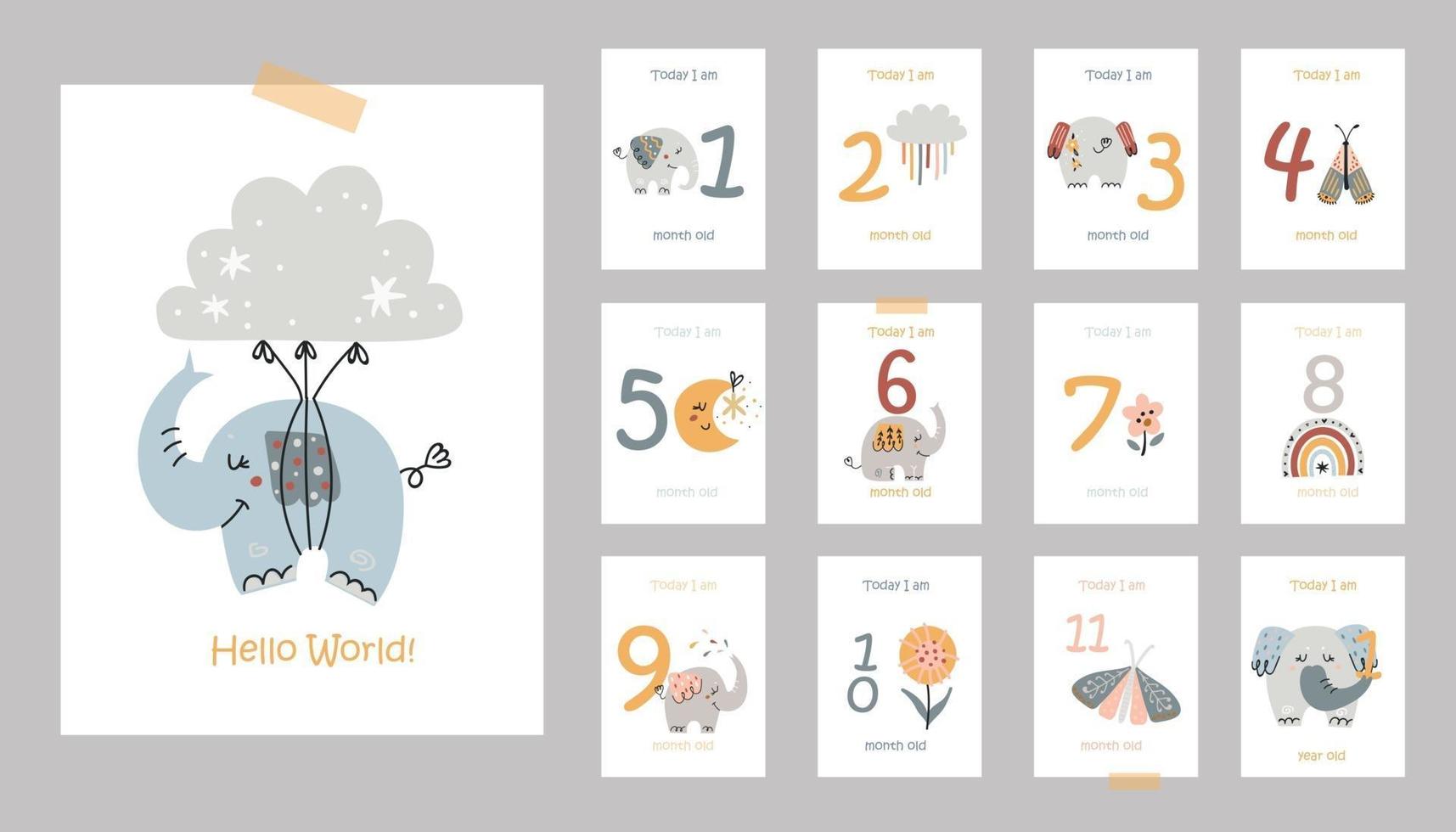 baby card mensili con simpatici elefanti vettore