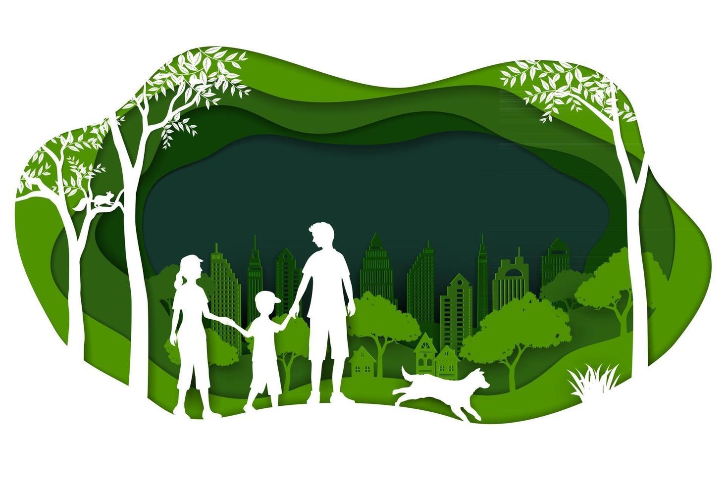 paesaggio con eco città verde e famiglia felice su sfondo di arte di carta vettore