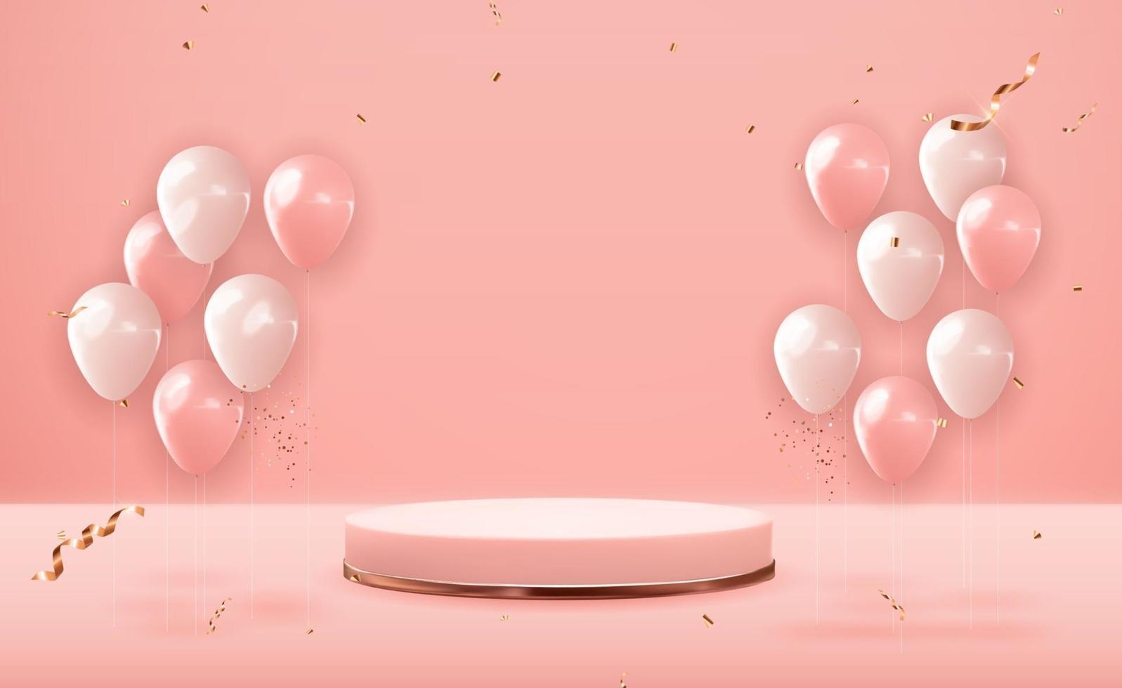 piedistallo in oro rosa su sfondo naturale pastello rosa con palloncini festa vettore