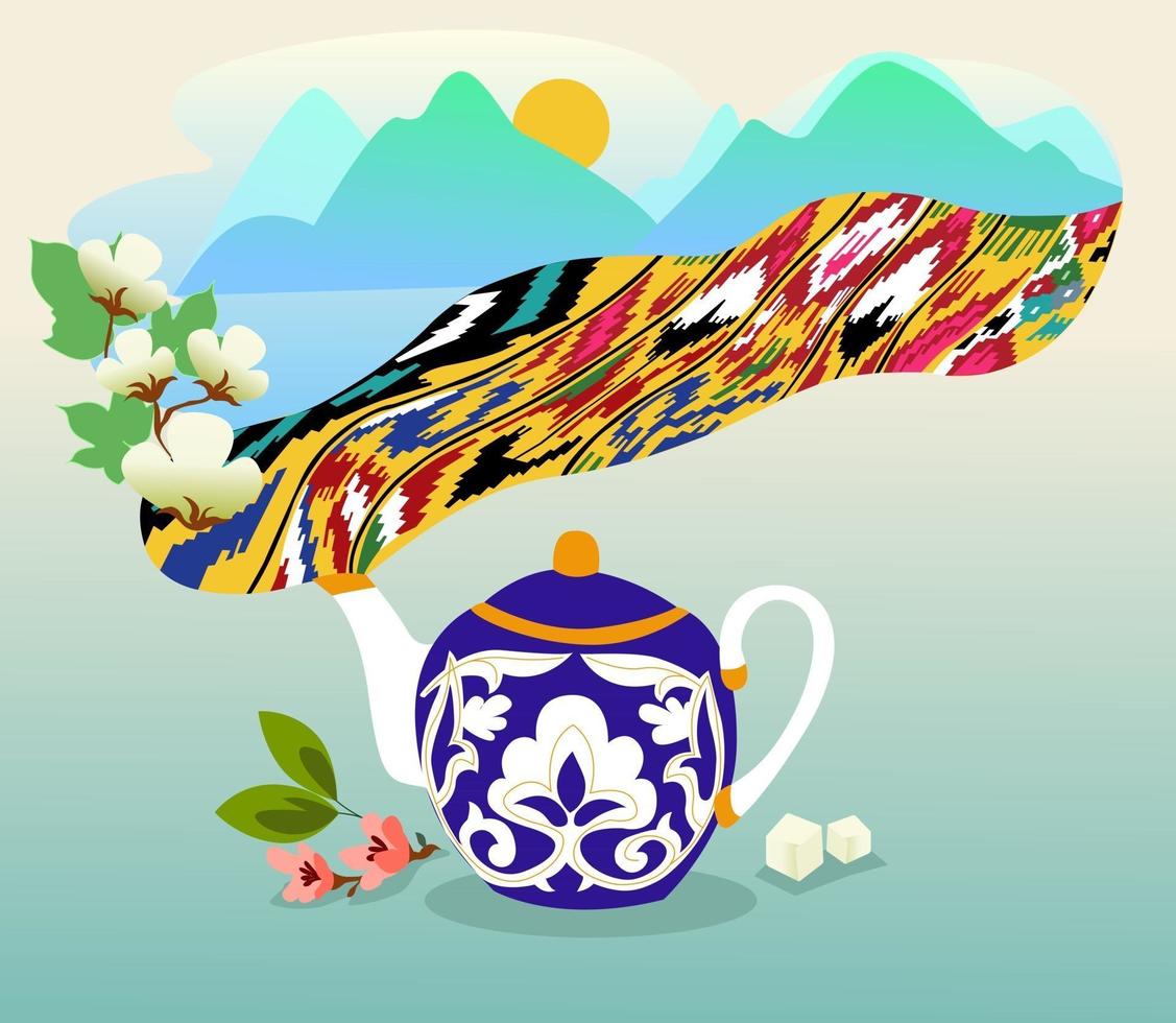poster pubblicitario per il tè con teiera e ornamento nazionale vettore