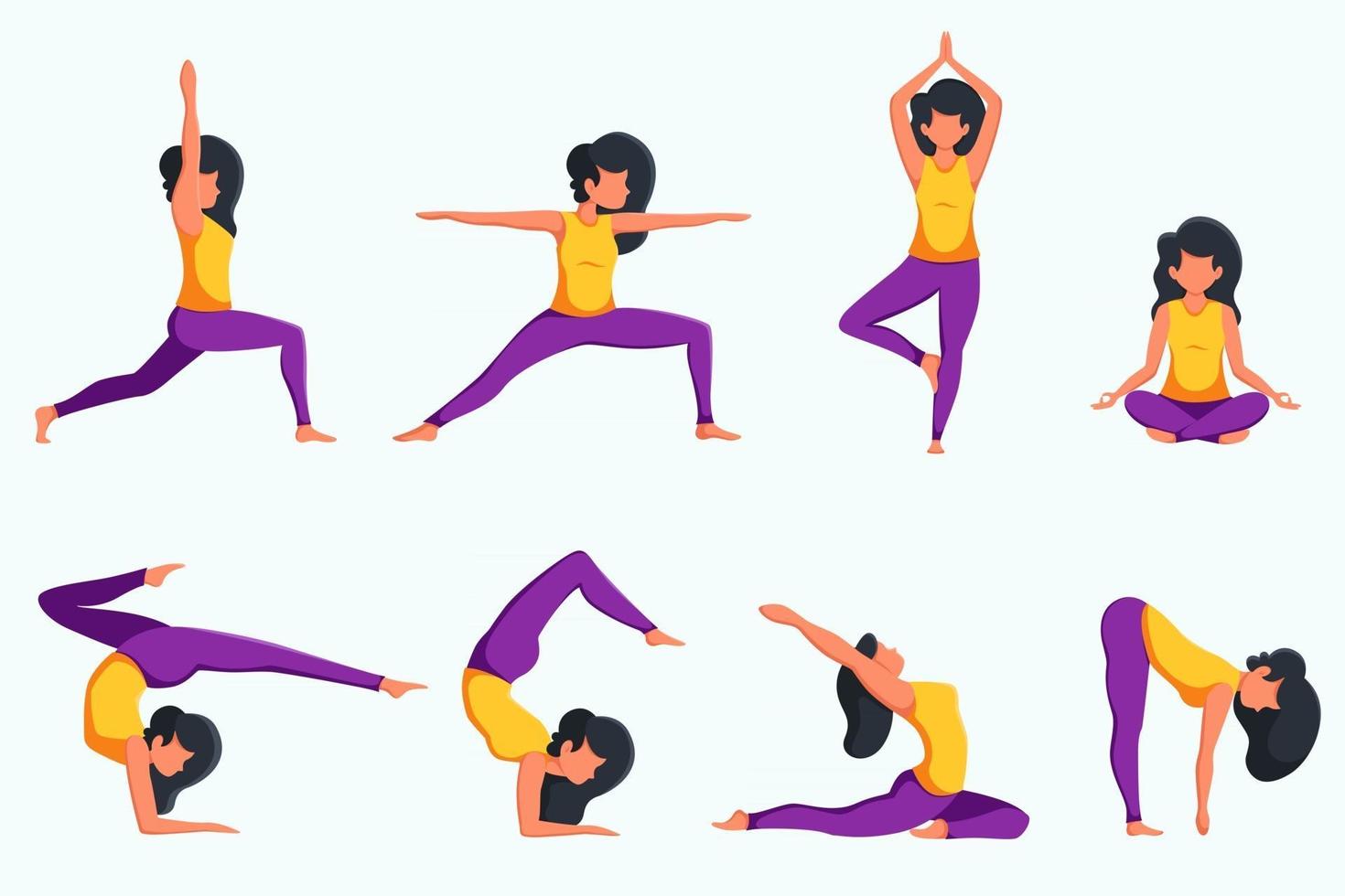 donna che praticano yoga insieme di pose diverse vettore