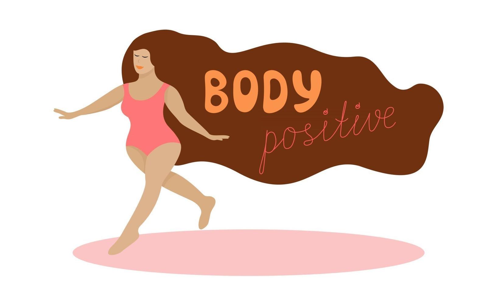 il concetto positivo del corpo più la donna di taglia in costume da bagno sta camminando e sorridendo illustrazione piatta vettoriale con iscrizione