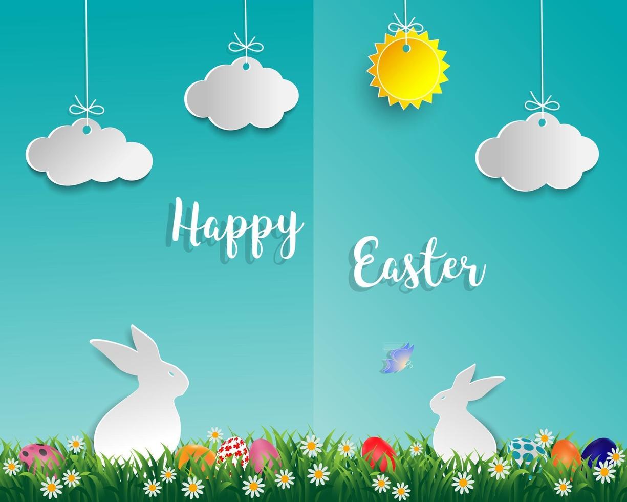 uova di Pasqua su erba verde con coniglio bianco piccola nuvola di farfalla margherita e sole su sfondo blu morbido vettore