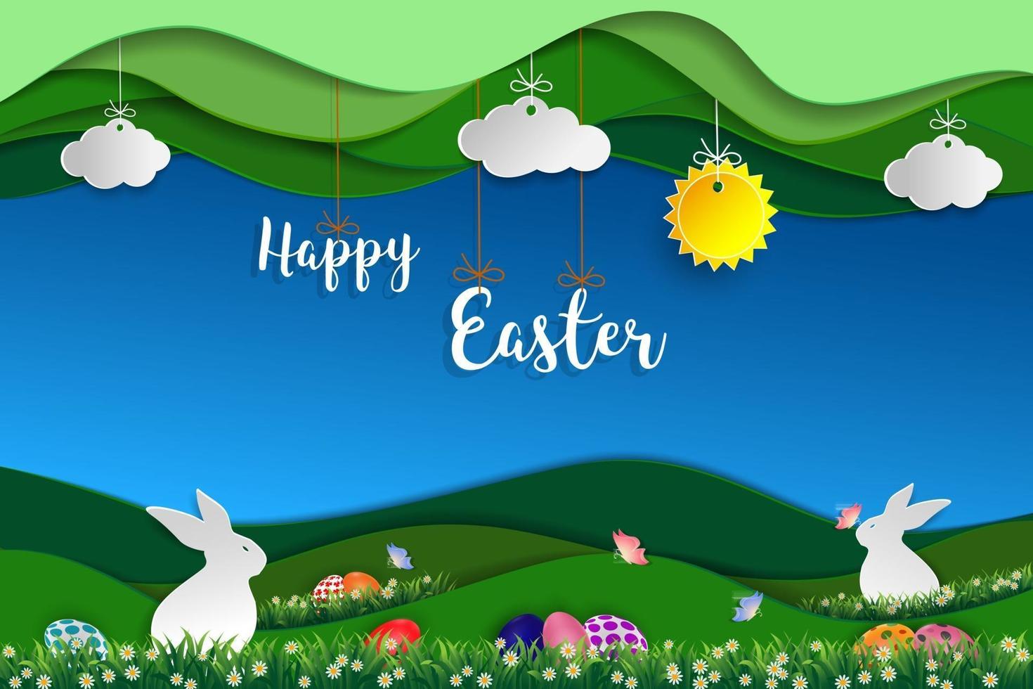 giorno di Pasqua con conigli bianchi uova colorate farfalla e piccola margherita sull'erba vettore
