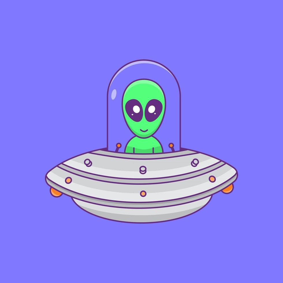 alieni che volano con ufo alieno carino che vola con l'astronave cartone animato design piatto cartone animato divertente tecnologia vettore