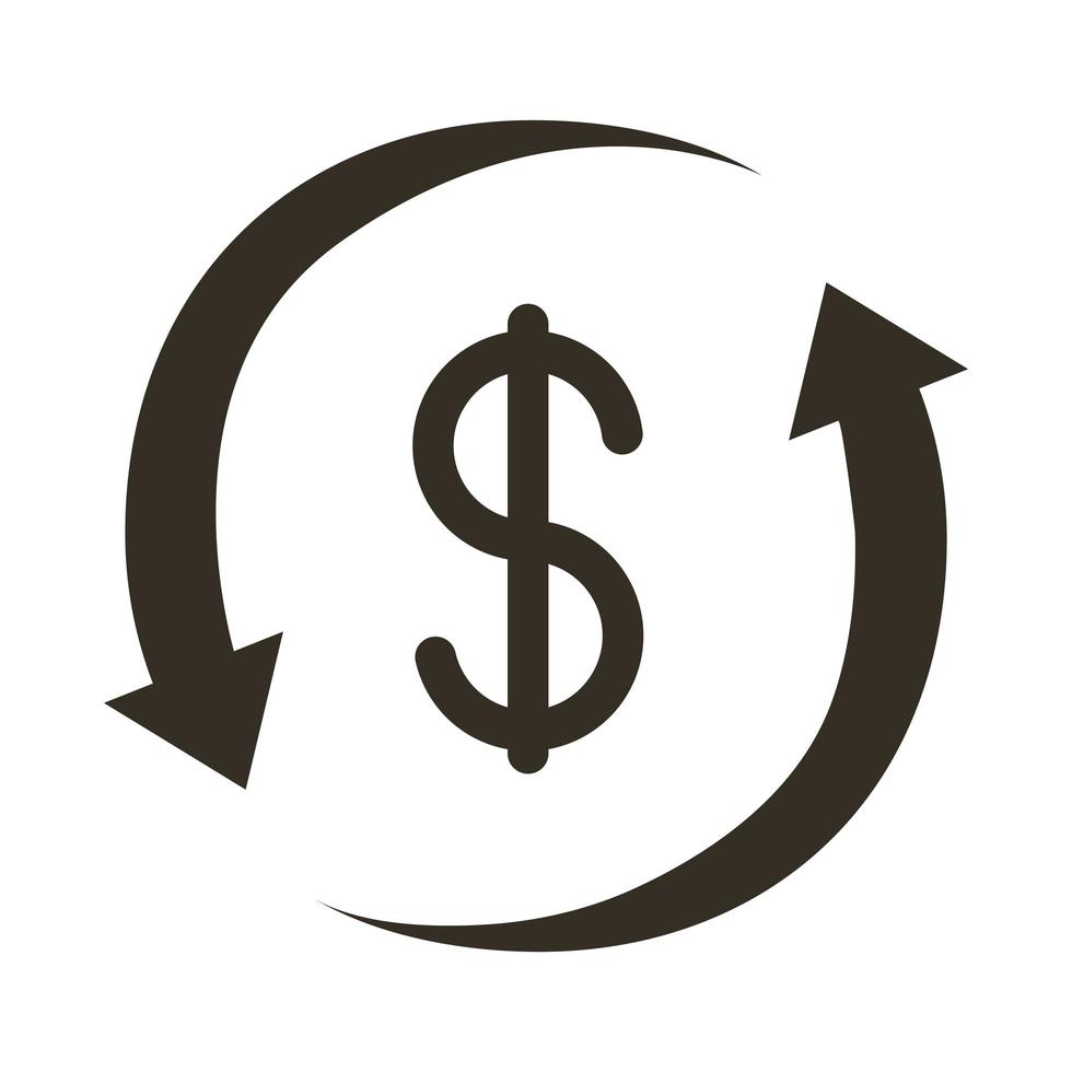 simbolo del dollaro con le frecce intorno all'icona di stile silhouette vettore