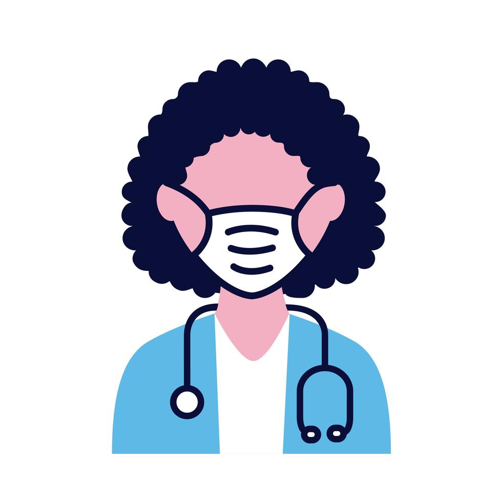 medico femminile che indossa maschera medica con icona di stile piatto stetoscopio vettore