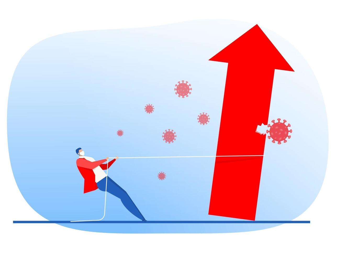 uomo d'affari tira la corda su freccia del grafico sul virus corona o covid 19 concetto di crisi illustratore di design piatto vettoriale