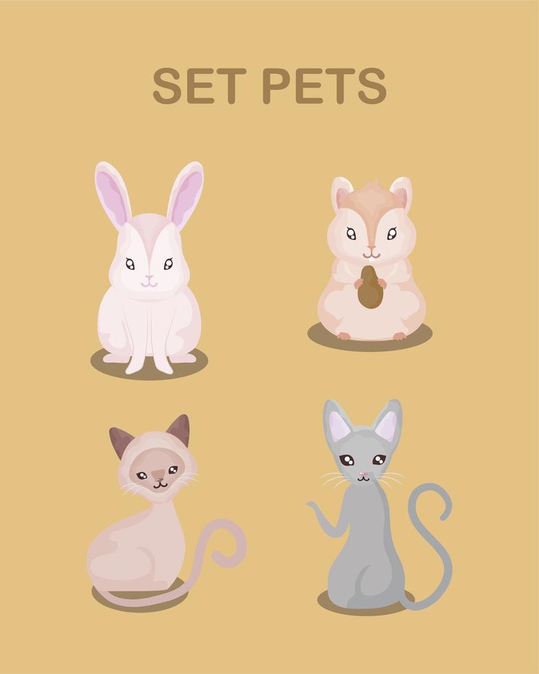 animale domestico set di icone coniglio criceto e gatti animali vettore