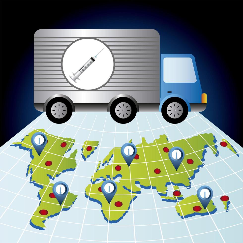 vaccino mondiale covid 19 coronavirus camion distribuzione vaccinazione mappa vettore