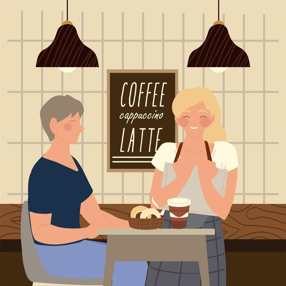 donna barista vende caffè a mangiare seduta femminile del cliente vettore