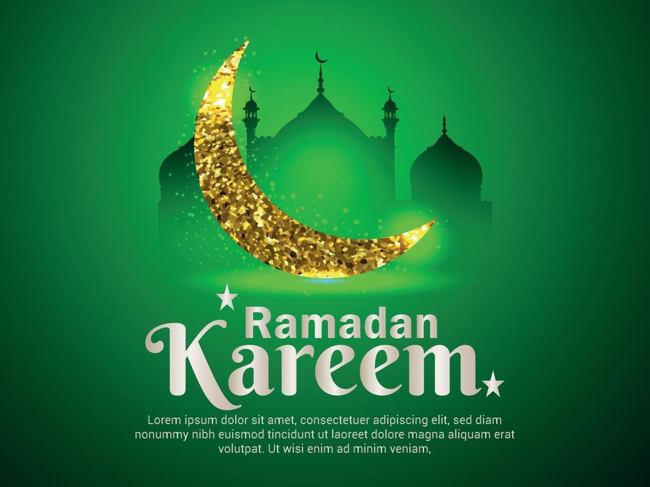biglietto di auguri per la celebrazione del festival islamico di ramadan kareem con luna e moschea dorata glitterata vettore