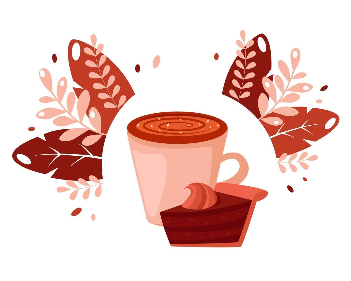 tazza di caffè con torta al cioccolato su foglie sfondo giorno del caffè vettore