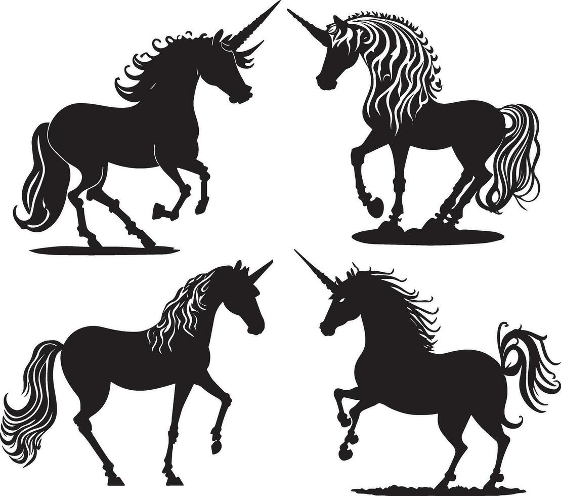 nero e bellissimo unicorno silhouette vettore