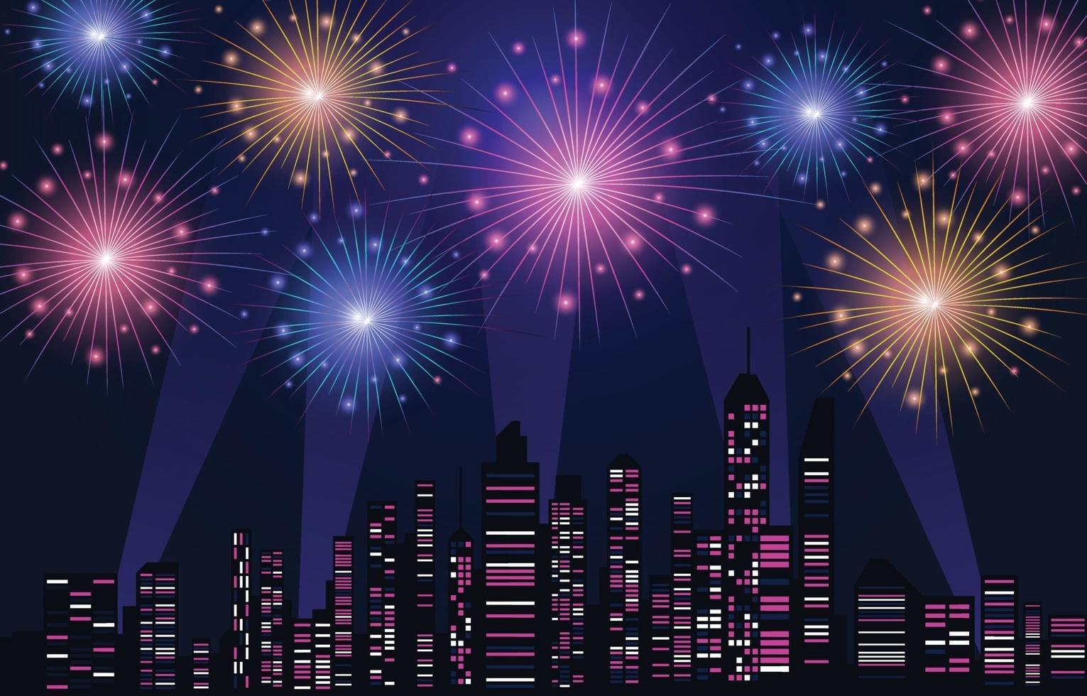 skyline notturno della città con scena di festival di fuochi d'artificio vettore