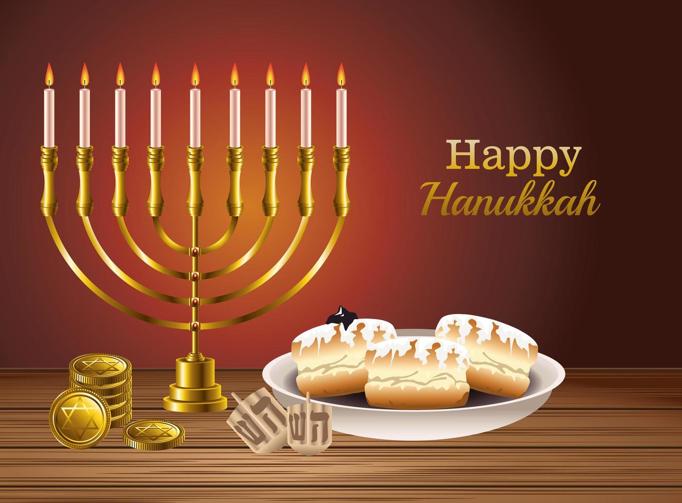 felice celebrazione di hanukkah con candelabro e cibo vettore