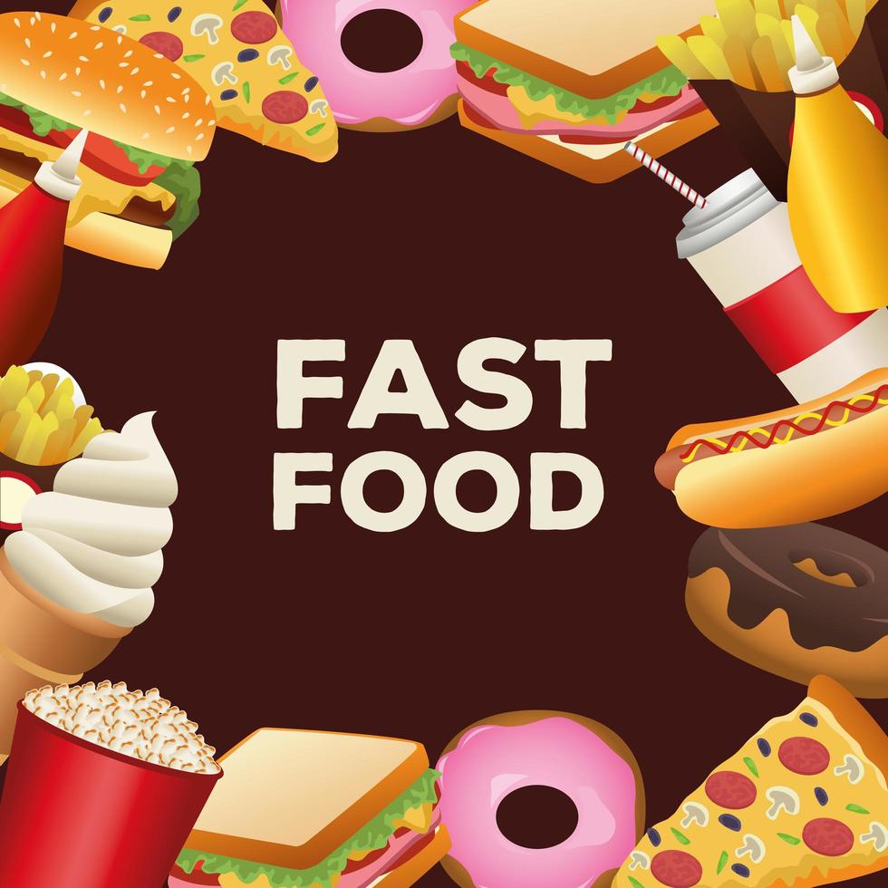 fascio di deliziosi menu fast food cornice intorno vettore