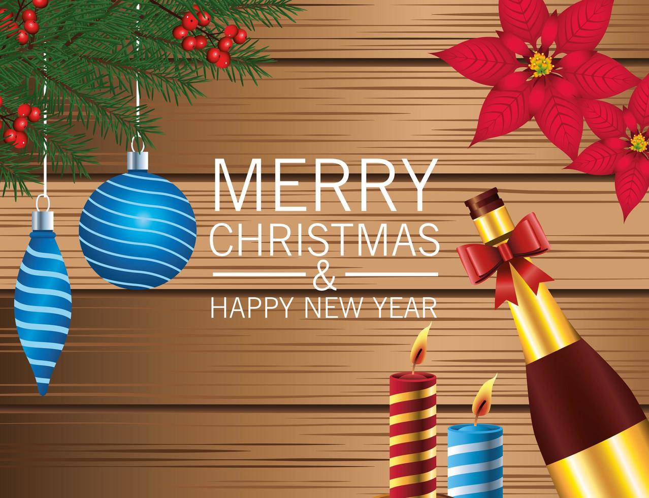 carta di lettering buon Natale felice con champagne e palline in fondo in legno vettore