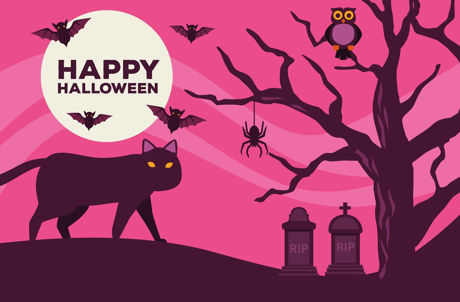 carta di celebrazione di halloween felice con gatto e pipistrelli nella scena del cimitero vettore