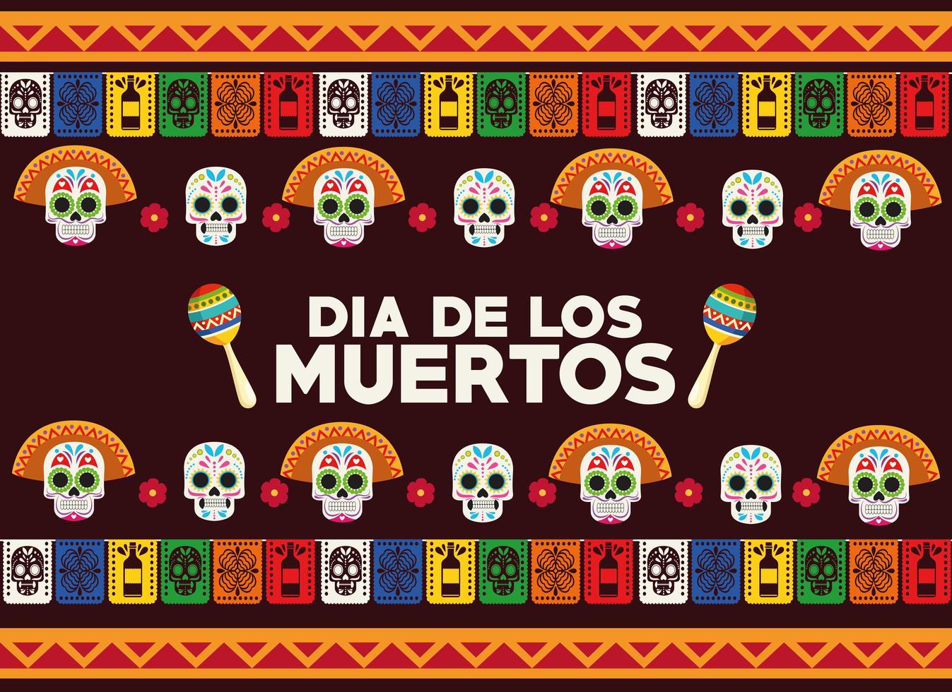 poster di celebrazione del dia de los muertos con gruppo di teste di teschi e maracas vettore