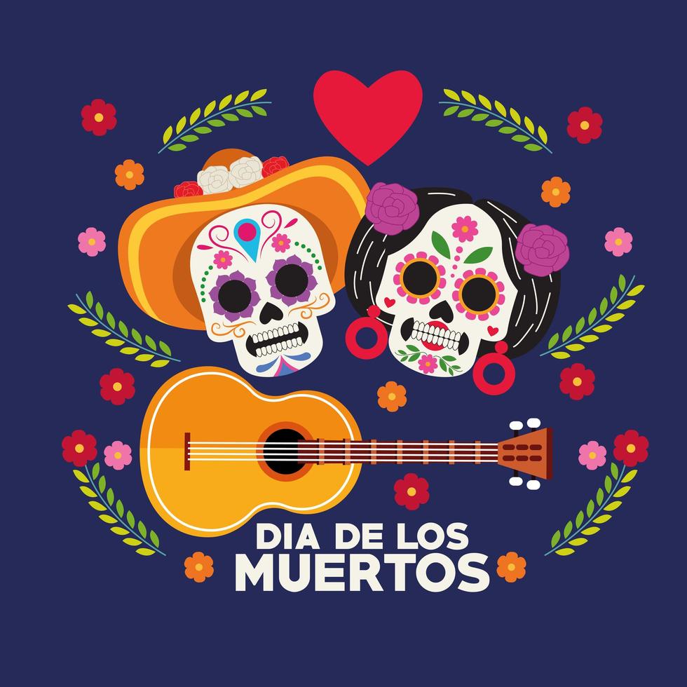 poster di celebrazione del dia de los muertos con coppia di teschi e chitarra vettore