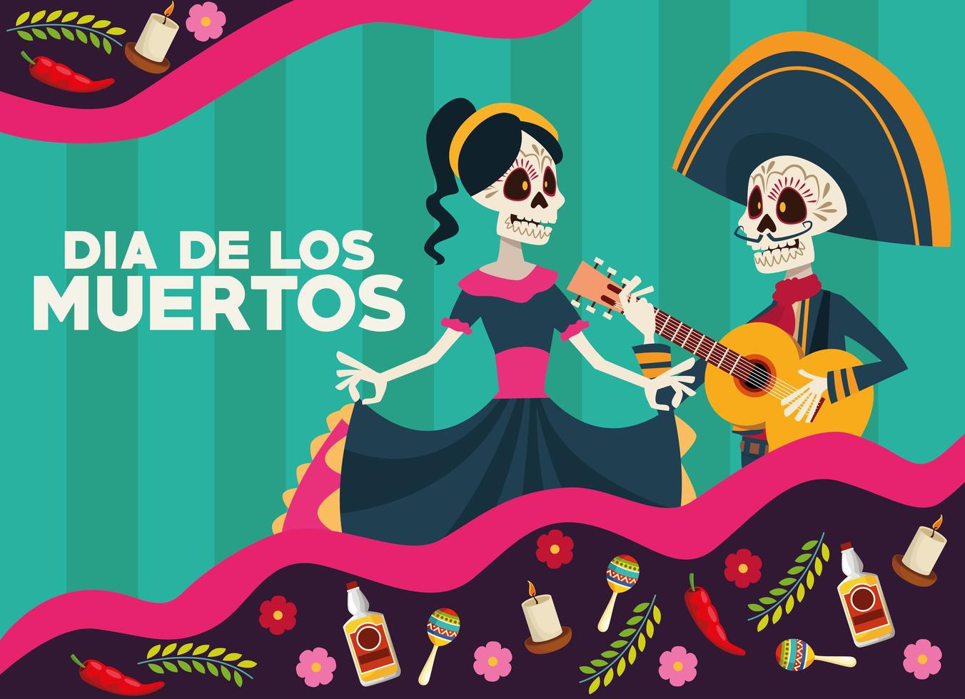 scheda di celebrazione del dia de los muertos con coppia di scheletri e cornice di icone set vettore