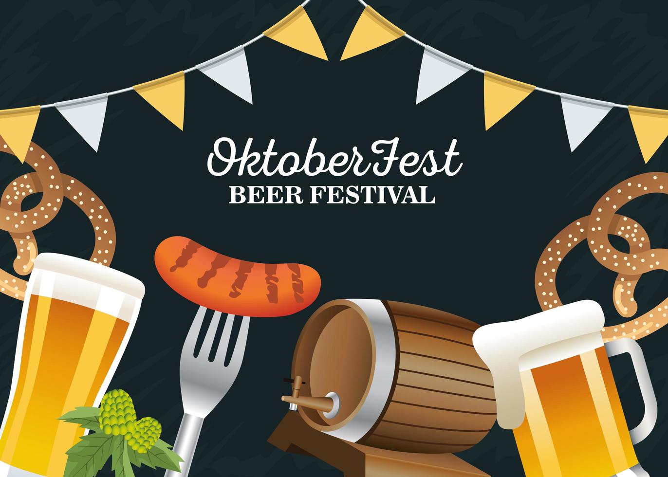 felice celebrazione dell'oktoberfest con ghirlande e set di icone vettore