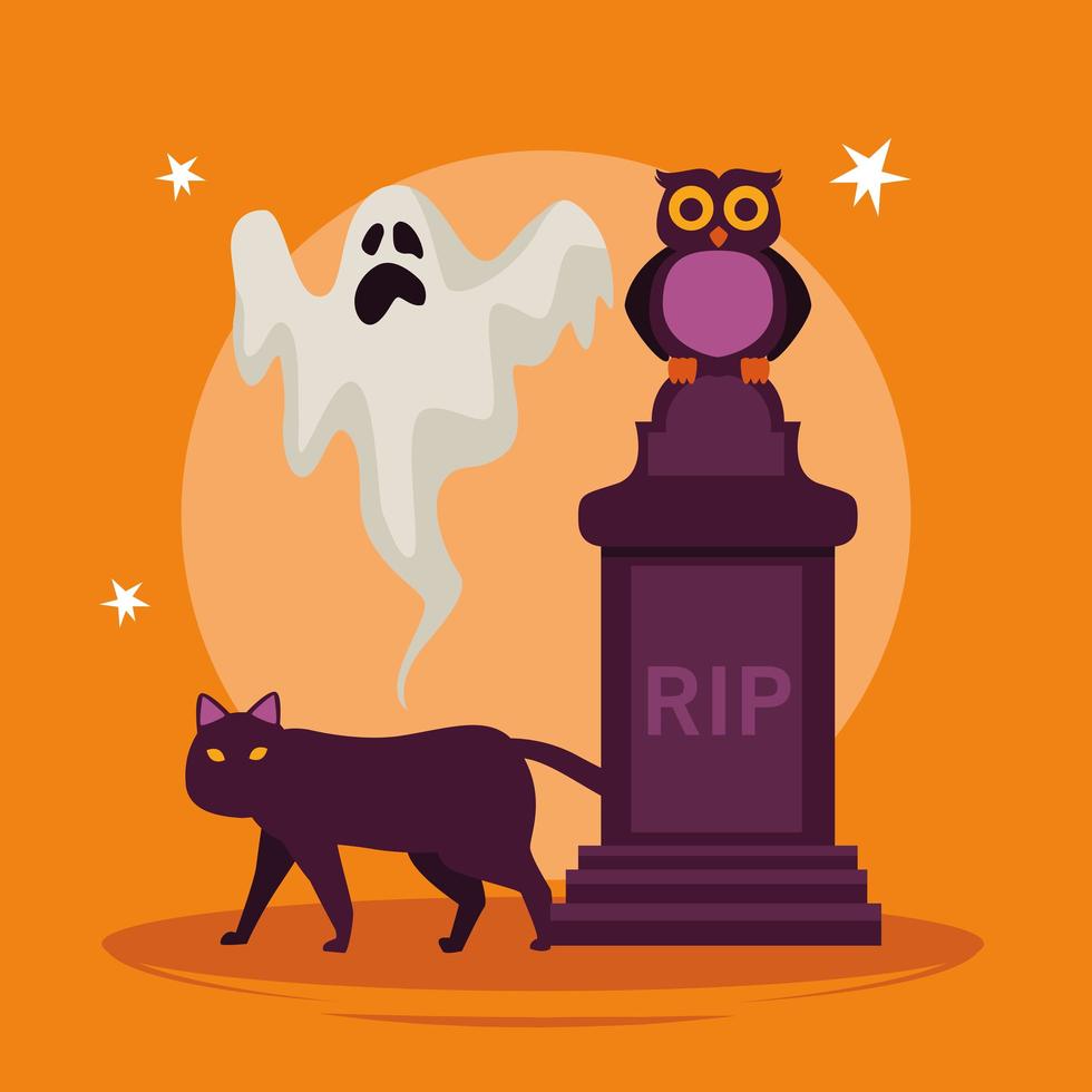 carta di celebrazione di halloween felice con cimitero e animali vettore