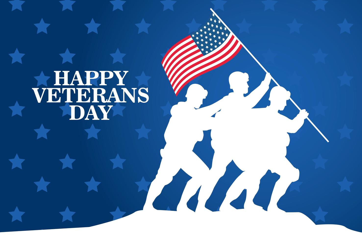 felice celebrazione del giorno dei veterani con soldati che sollevano la bandiera degli Stati Uniti in pole vettore