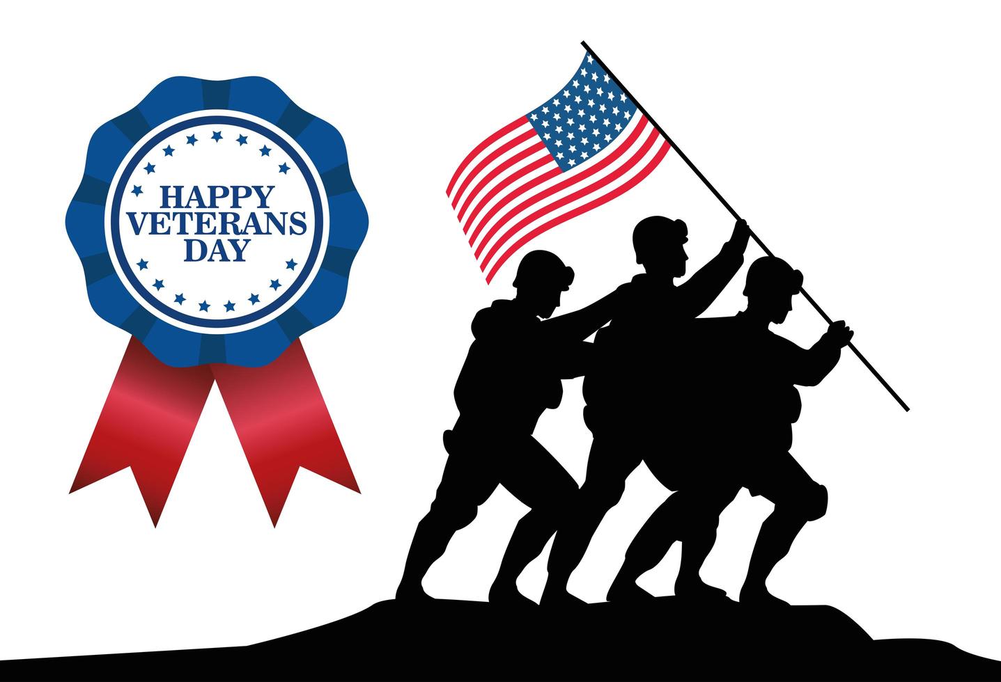 felice celebrazione del giorno dei veterani con i soldati che sollevano la bandiera degli Stati Uniti in pole e medaglia vettore